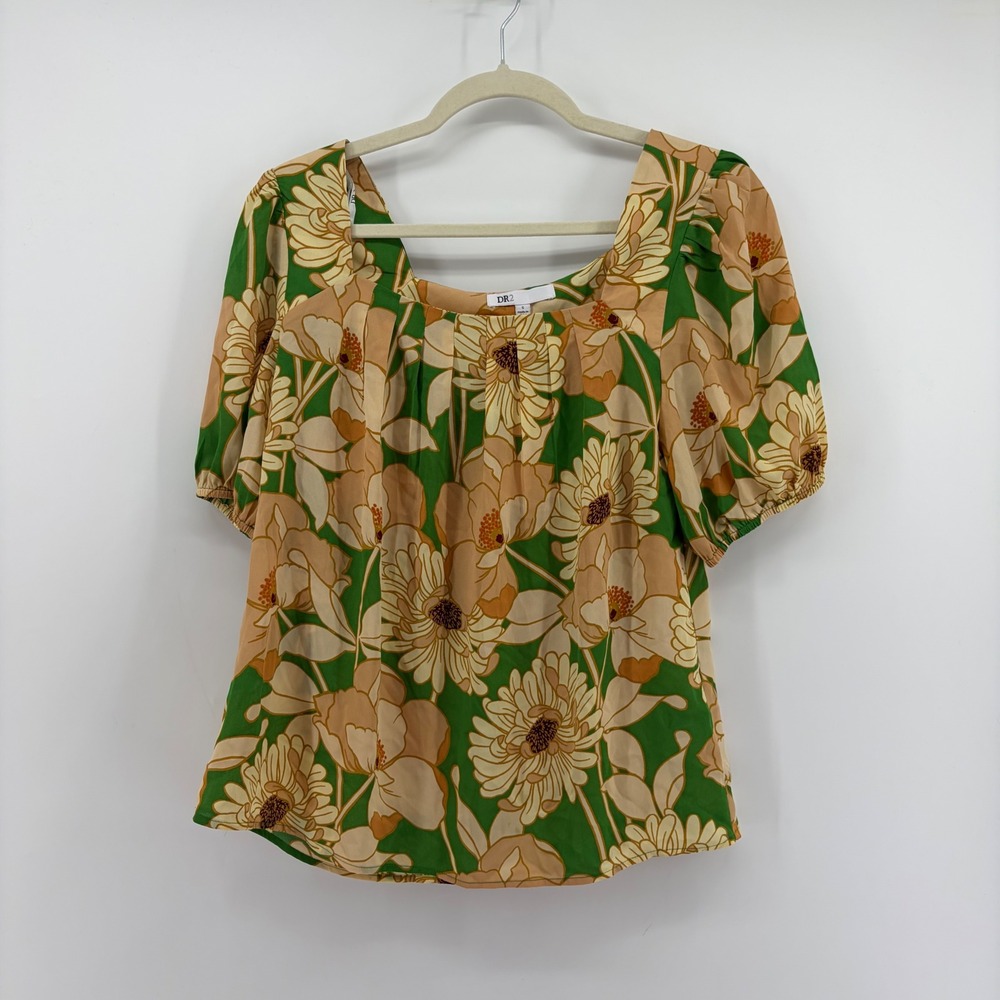 Daniel Rainn DR2 Womens Small Green Floral Blouse Square Neck Puff Sleeve